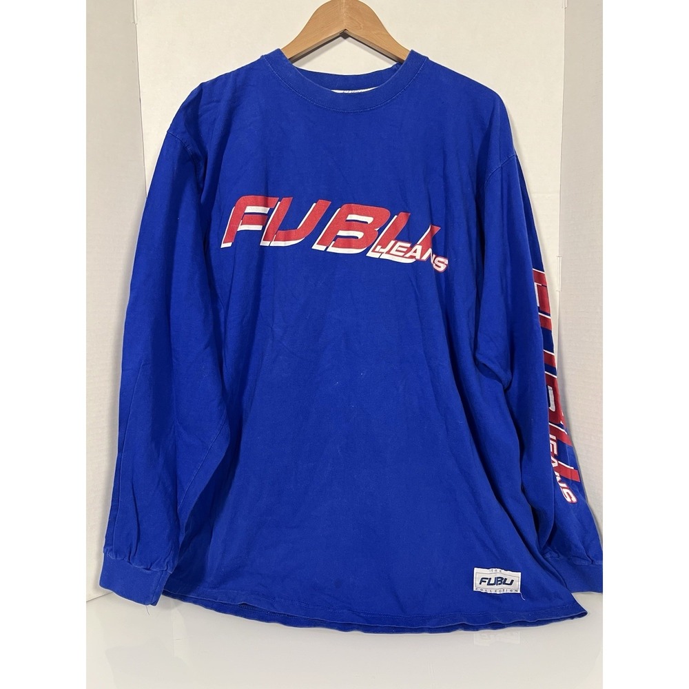 FUBU The Collection Logo Long Sleeve T Shirt Vtg Y2K BLUE Size XL 084